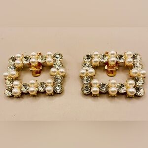 2 square rhinestone crystal and faux pearl shoe clip charms. Gold tone. Wedding